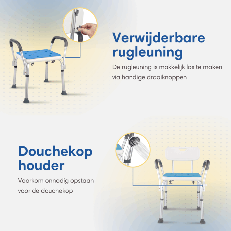 Douchestoel met verwijderbare rugleuning, armleuning en douchekophouder