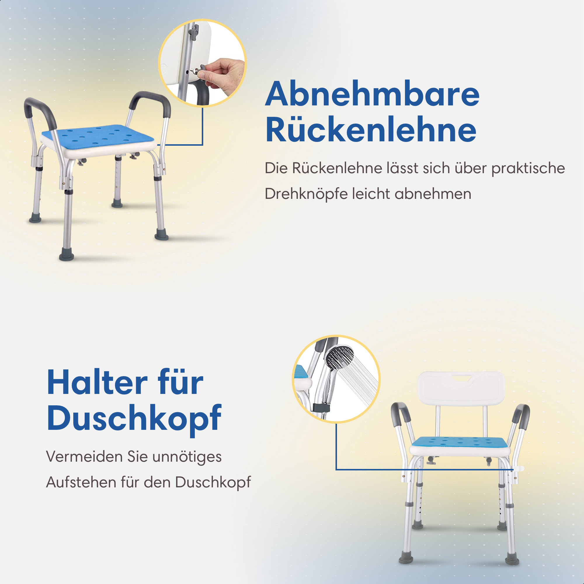 Duschstuhl mit abnehmbarer Rückenlehne, Armlehne und Duschkopfhalterung